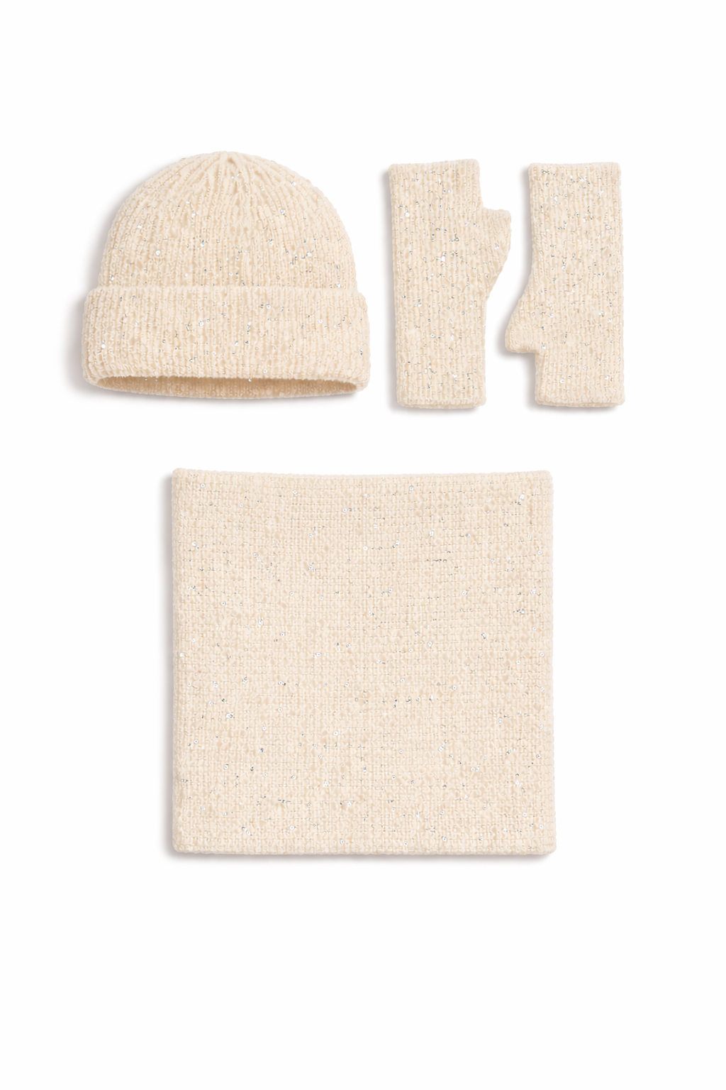 CAPPELLO + GUANTO + COLLO MAGLIA CON PAILLETTES, 35%ANGORA 65 %VI, MADE IN PRC   - ECRU